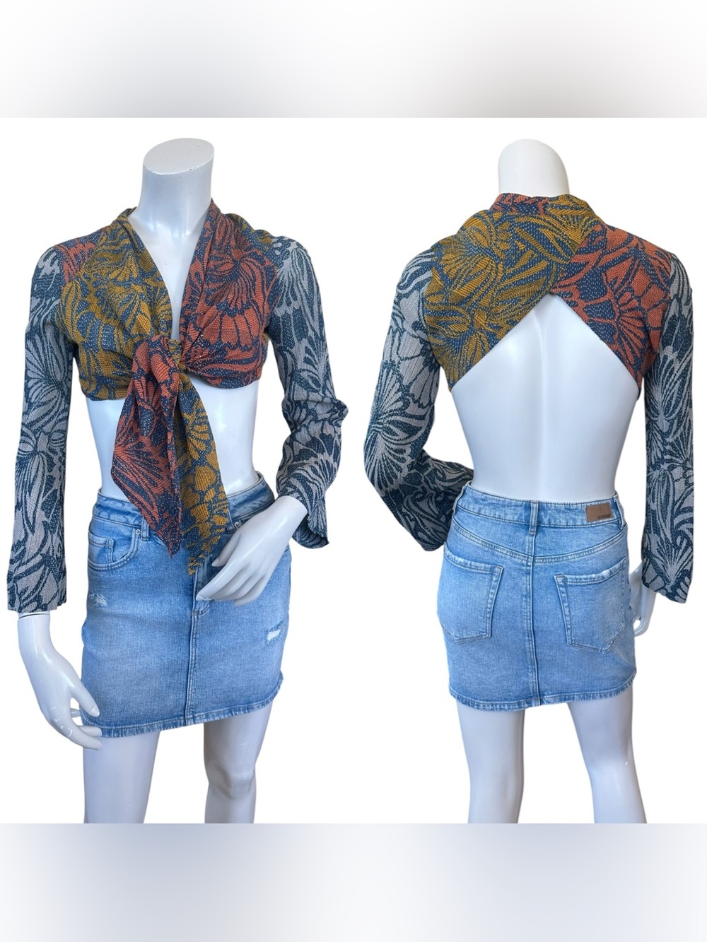 Y2K BCBG Patchwork Floral Silk Blend Open Back Flare Sleeve Tie Front Top XS